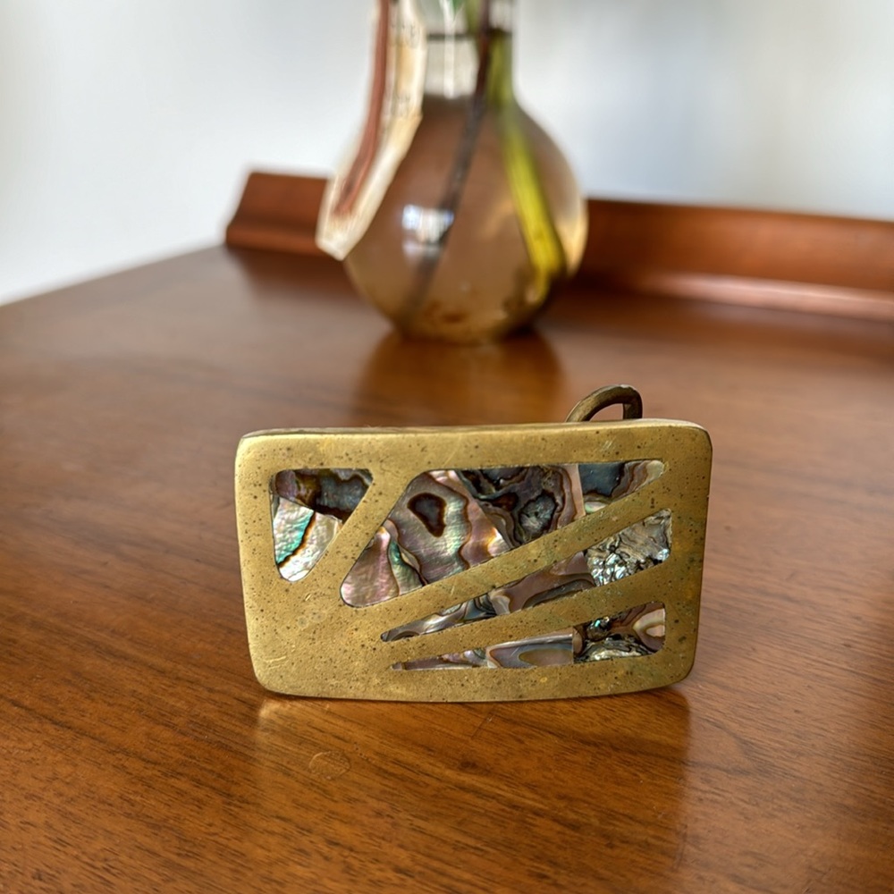 Vintage Brass & Abalone Shell Belt Buckle